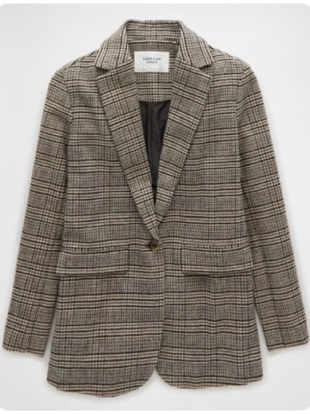American Eagle Women's Brown Plaid Oversized Classic Wool-Blend Blazer, Sz Large